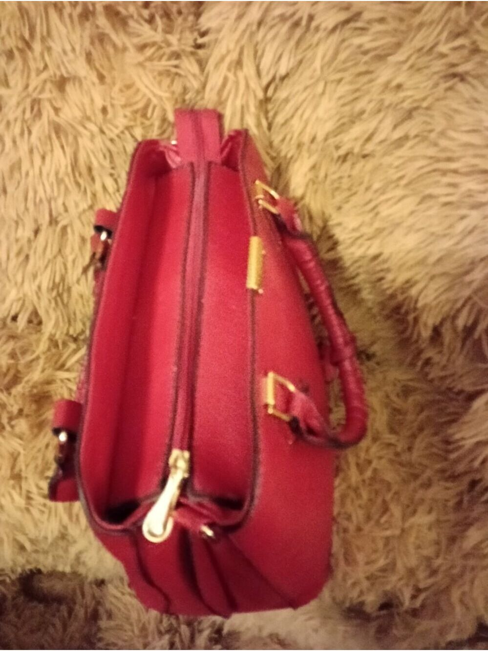 Red Structured Satchel Tote Handbag Faux Leather Top Handle Purse Gold Hardware - Picture 7 of 10